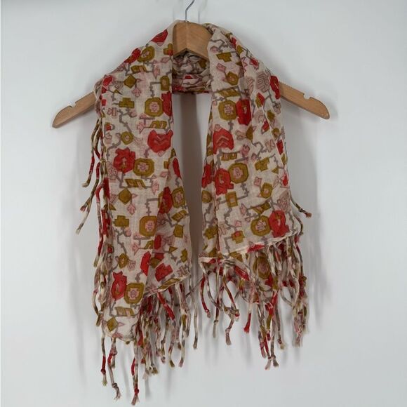 1937 Accessories Wool Floral Fringe Scarf Shawl in Red/Greenish Yellow/Beige - Picture 1 of 6
